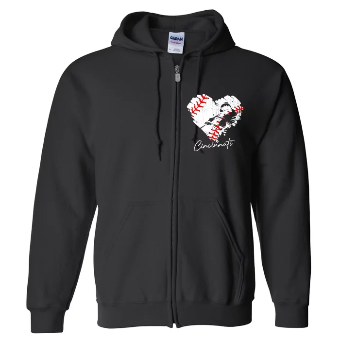 Cincinnati Baseball Heart Distressed Vintage Baseball Fans Full Zip Hoodie