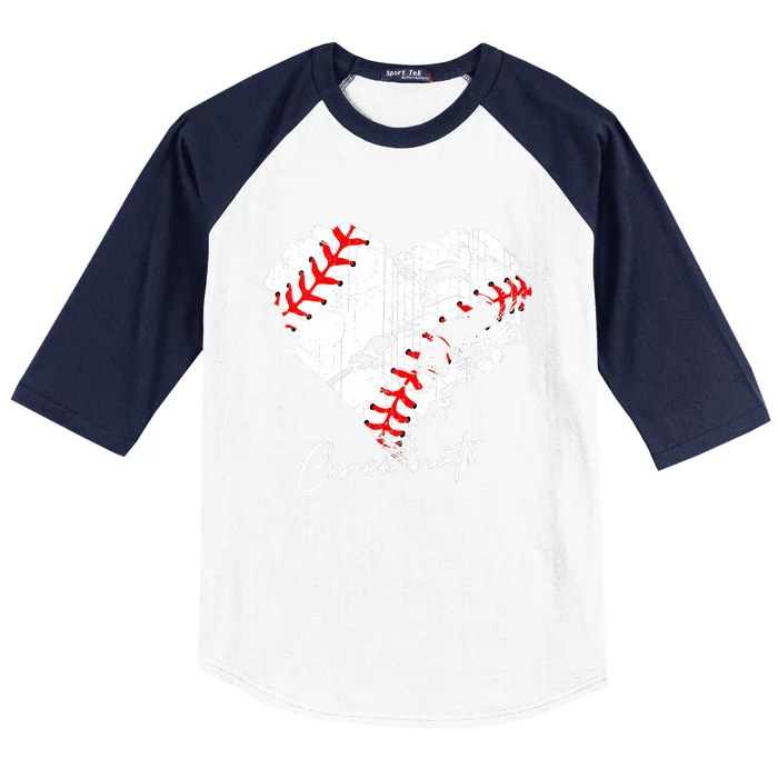 Cincinnati Baseball Heart Distressed Vintage Baseball Fans Baseball Sleeve Shirt