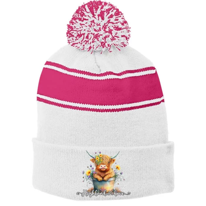 Cute Baby Highland Cow Calf Highland Love Spring Pastel Stripe Pom Pom Beanie