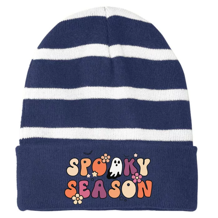 Cute Boo Halloween Graphic Spooky Season All Hallows Eve Striped Beanie with Solid Band