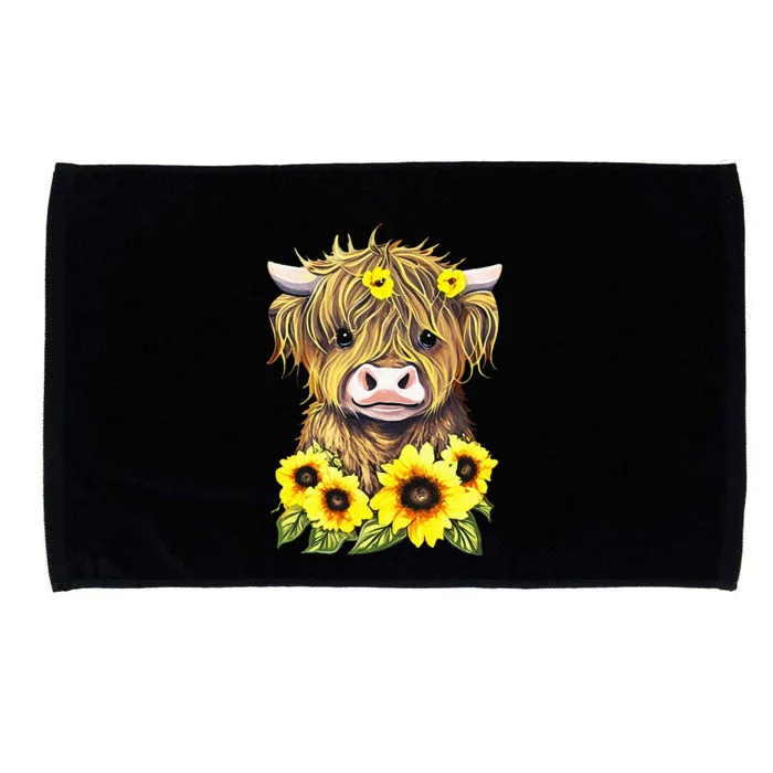 Cute Baby Highland Cow With Sunflowers Calf Animal Farm Microfiber Hand Towel