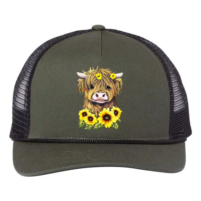 Cute Baby Highland Cow With Sunflowers Calf Animal Farm Retro Rope Trucker Hat Cap