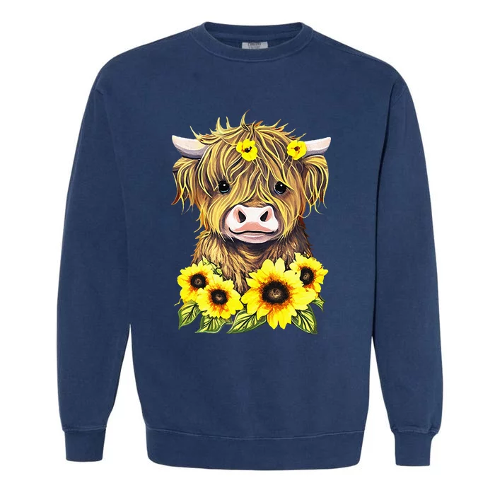 Cute Baby Highland Cow With Sunflowers Calf Animal Farm Garment-Dyed Sweatshirt