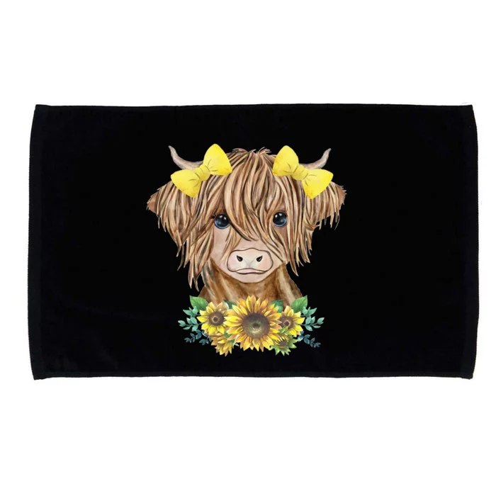 Cute Baby Highland Cow With Sunflowers Calf Animal Farm Microfiber Hand Towel