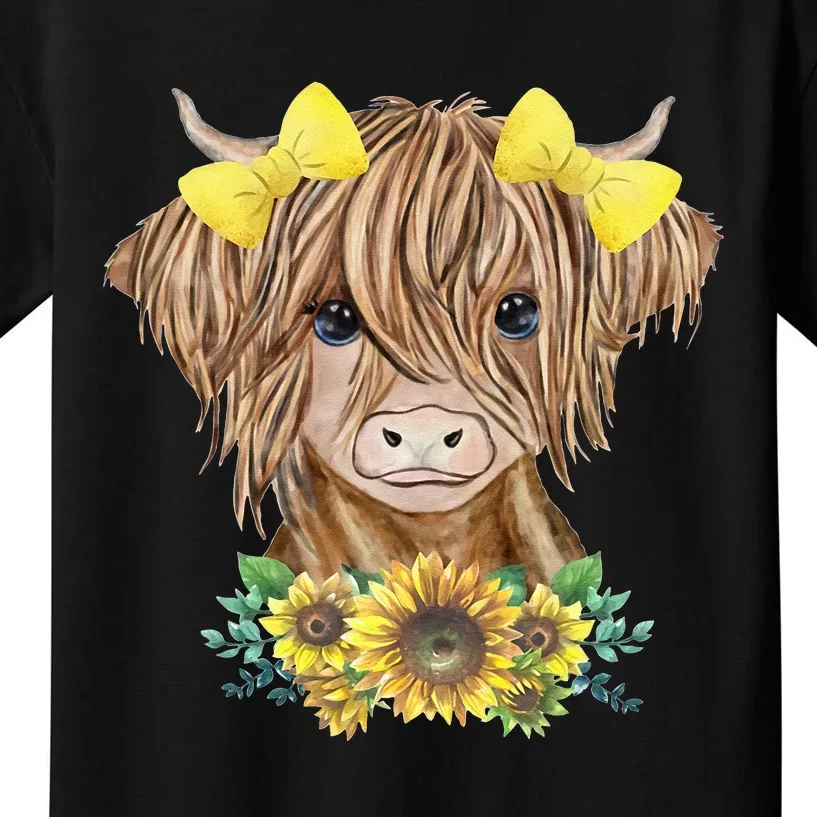 Cute Baby Highland Cow With Sunflowers Calf Animal Farm Kids T-Shirt