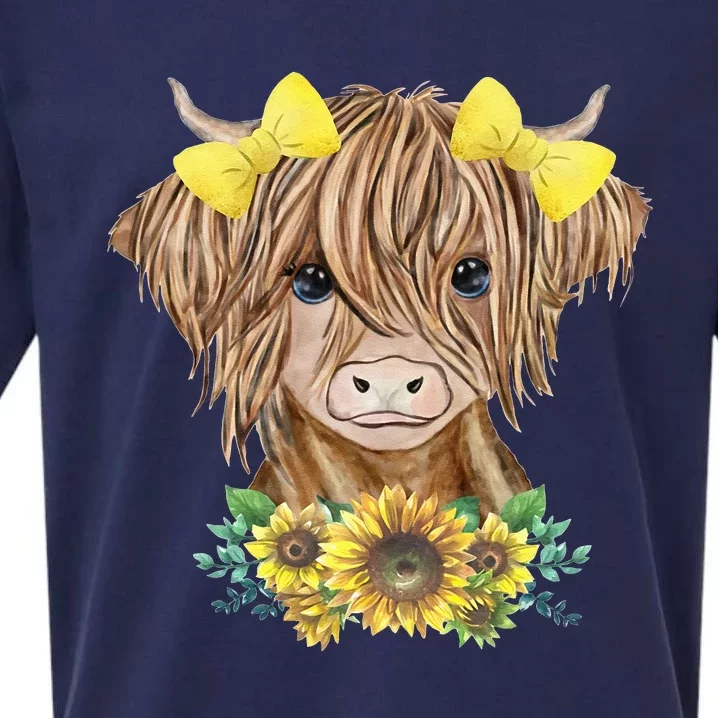 Cute Baby Highland Cow With Sunflowers Calf Animal Farm Sueded Cloud Jersey T-Shirt