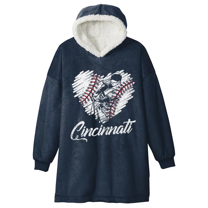 Cincinnati Baseball Heart Distressed Vintage Baseball Fans Hooded Wearable Blanket