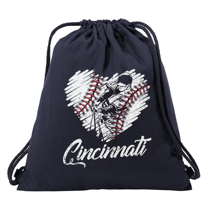 Cincinnati Baseball Heart Distressed Vintage Baseball Fans Drawstring Bag