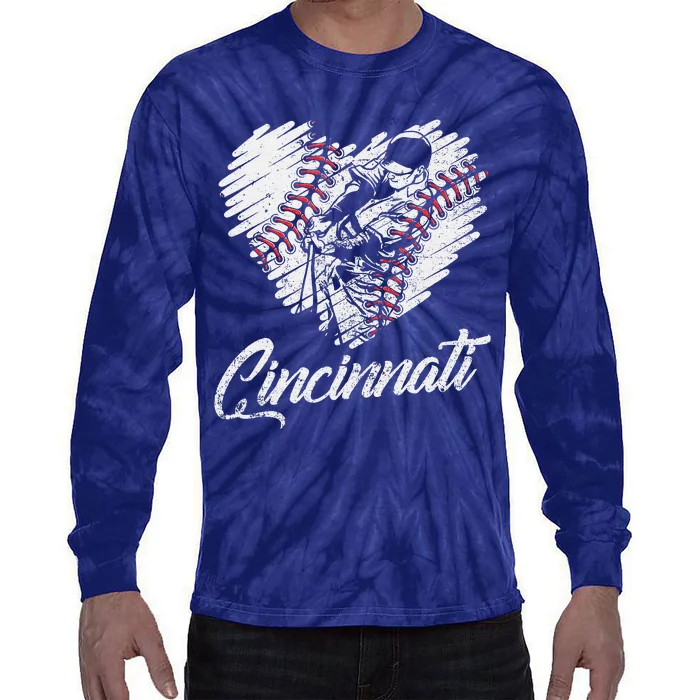 Cincinnati Baseball Heart Distressed Vintage Baseball Fans Tie-Dye Long Sleeve Shirt