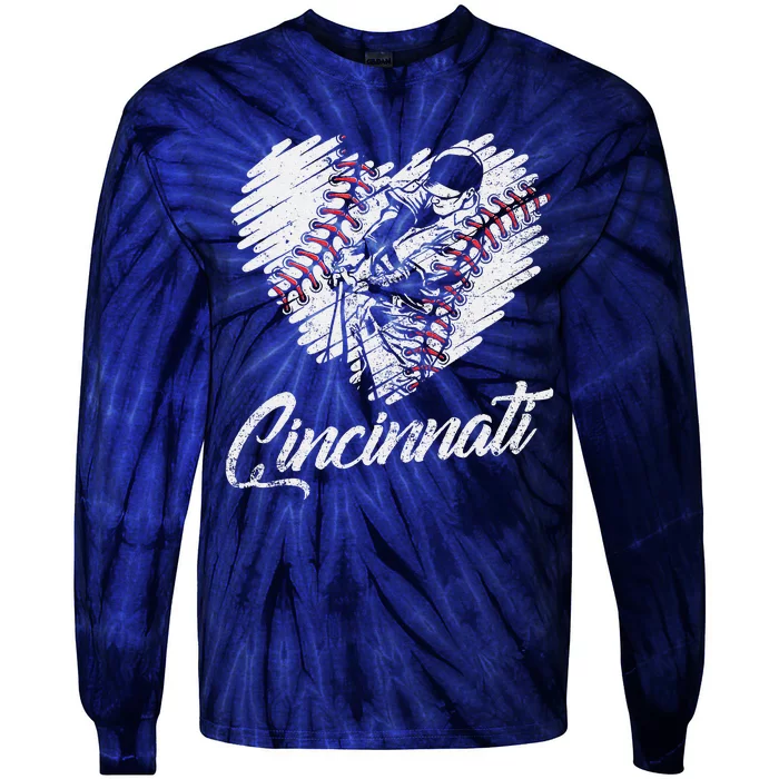 Cincinnati Baseball Heart Distressed Vintage Baseball Fans Tie-Dye Long Sleeve Shirt