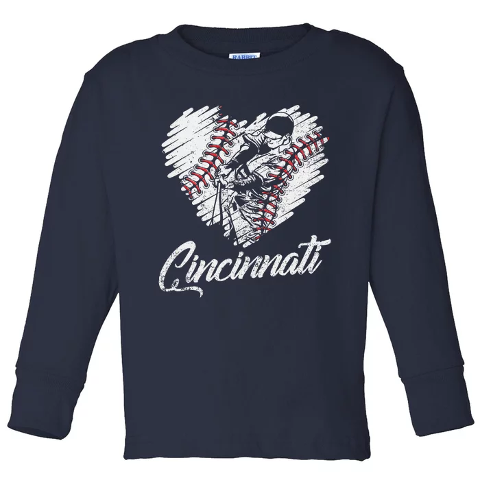 Cincinnati Baseball Heart Distressed Vintage Baseball Fans Toddler Long Sleeve Shirt