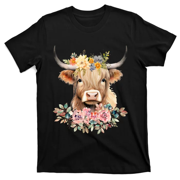 Cute Baby Highland Cow With Flowers Calf Animal Christmas T-Shirt