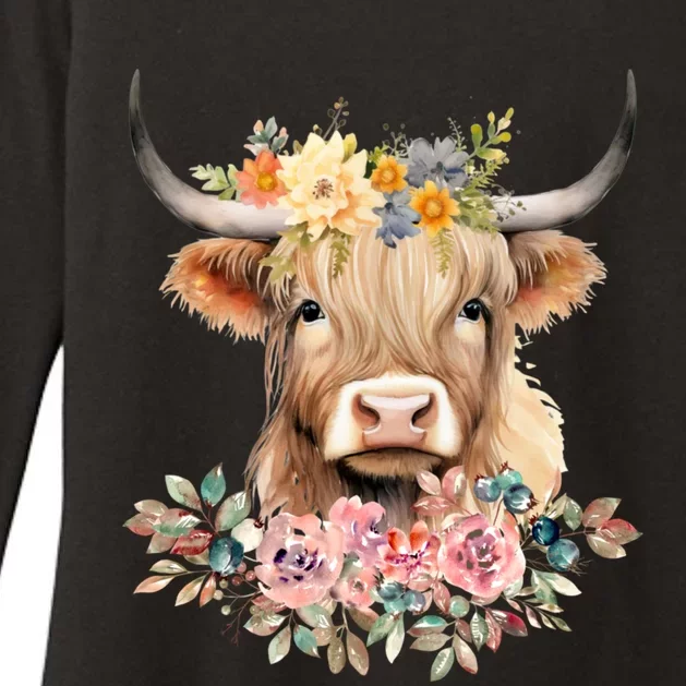 Cute Baby Highland Cow With Flowers Calf Animal Christmas Womens CVC Long Sleeve Shirt