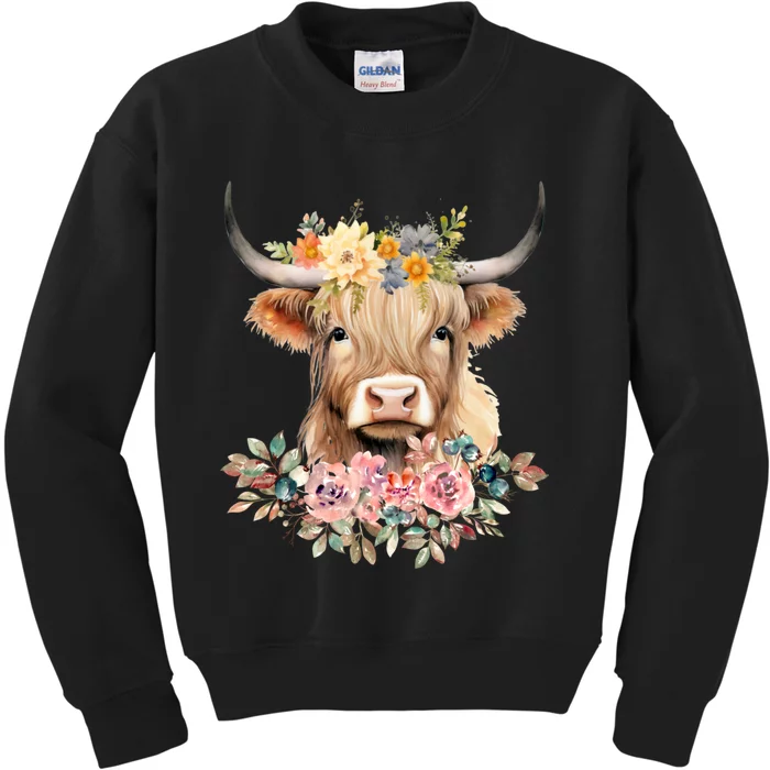 Cute Baby Highland Cow With Flowers Calf Animal Christmas Kids Sweatshirt