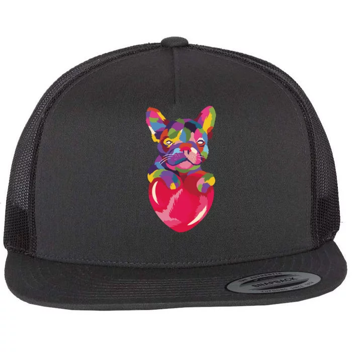 Colorful Bulldog Heart Flat Bill Trucker Hat