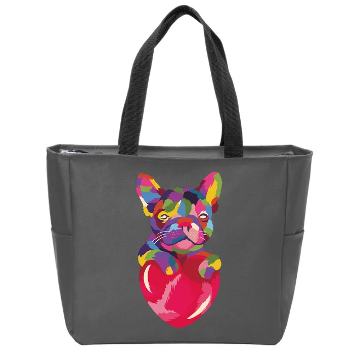 Colorful Bulldog Heart Zip Tote Bag