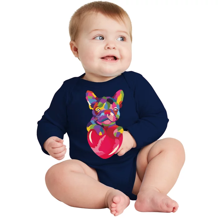 Colorful Bulldog Heart Baby Long Sleeve Bodysuit