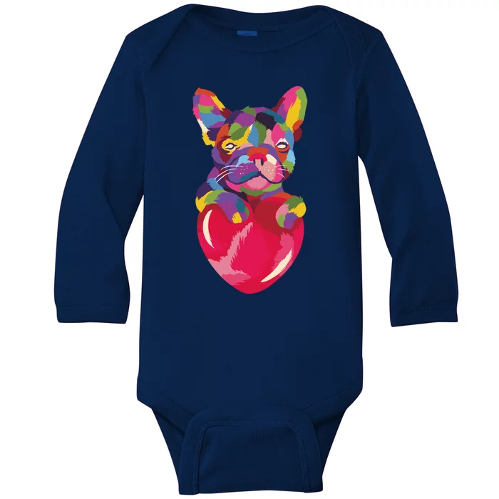 Colorful Bulldog Heart Baby Long Sleeve Bodysuit