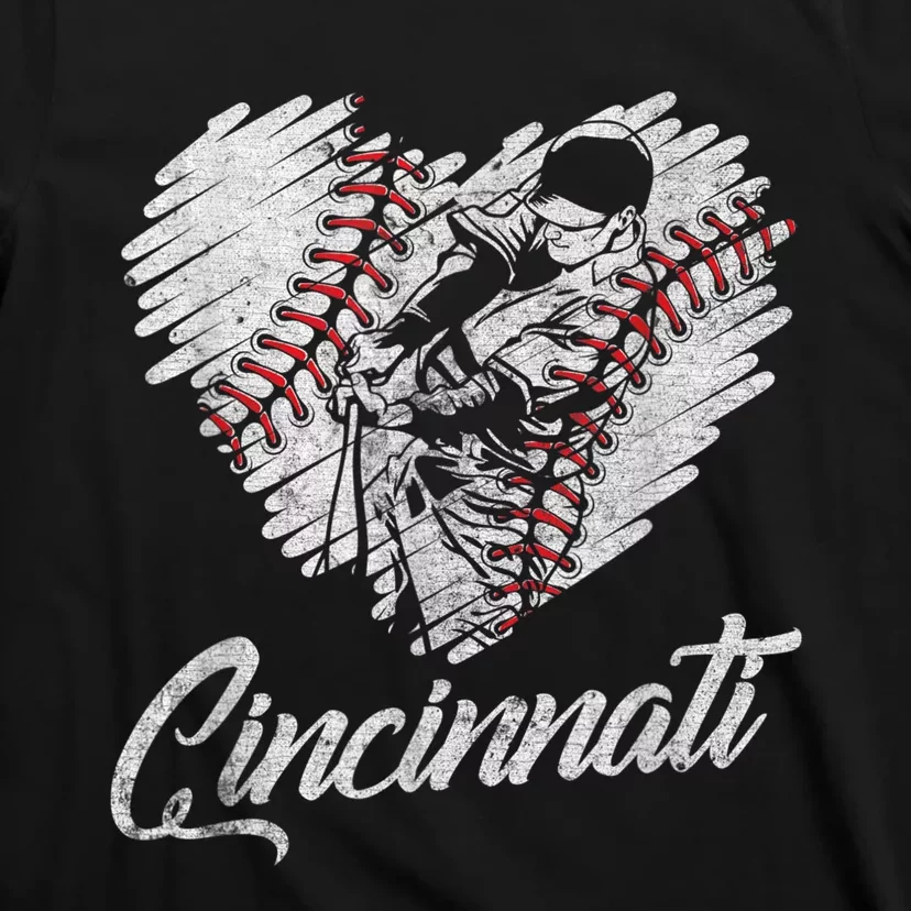 Cincinnati Baseball Heart Distressed Vintage Baseball Fans T-Shirt