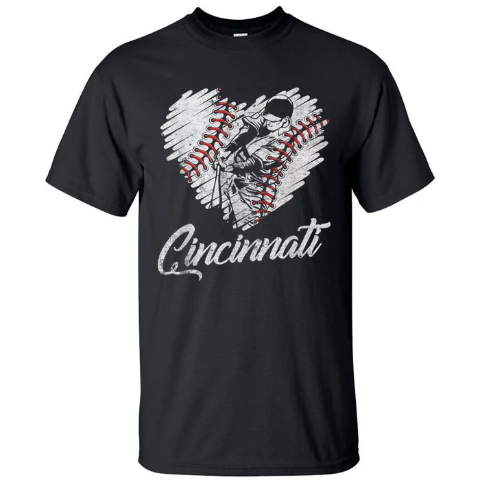 Cincinnati Baseball Heart Distressed Vintage Baseball Fans Tall T-Shirt