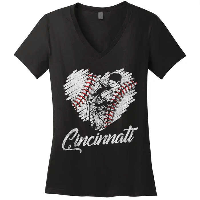 Cincinnati Baseball Heart Distressed Vintage Baseball Fans Women's V-Neck T-Shirt