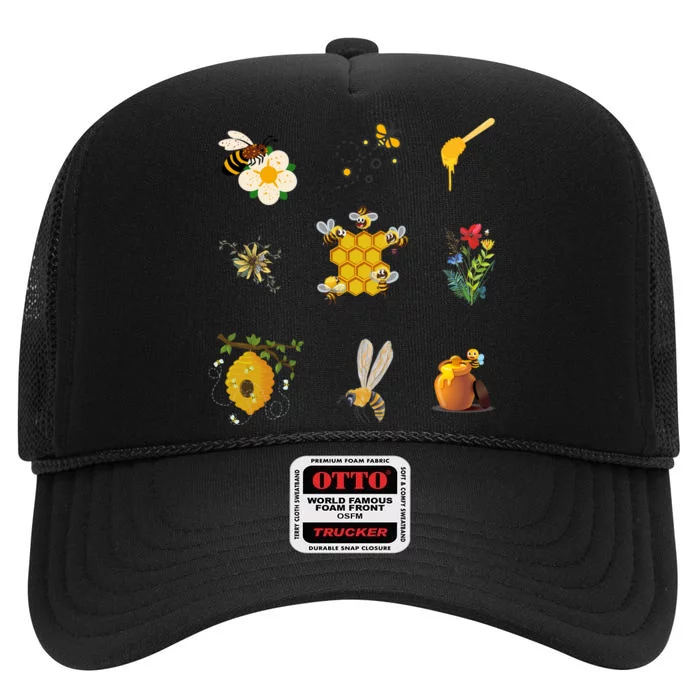 Cute Bee Hive Bee Combination High Crown Mesh Trucker Hat