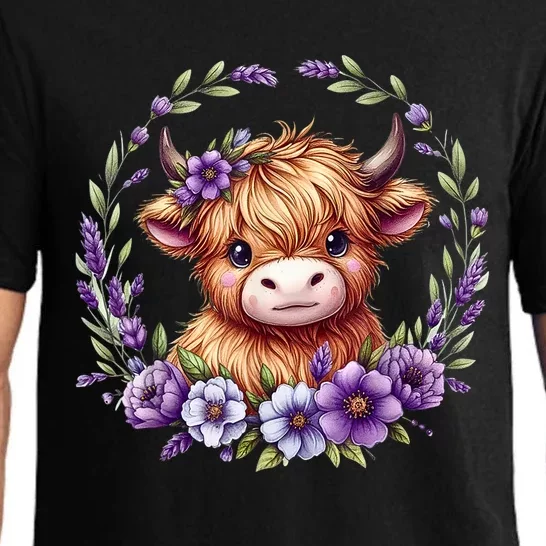 Cute Baby Highland Cow With Purple Flowers Scottish Farm Gift Pajama Set