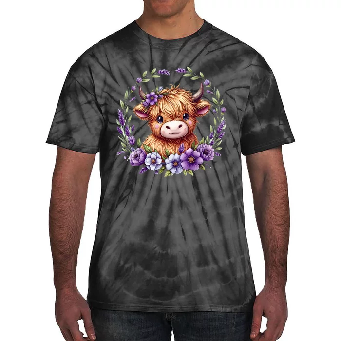 Cute Baby Highland Cow With Purple Flowers Scottish Farm Gift Tie-Dye T-Shirt