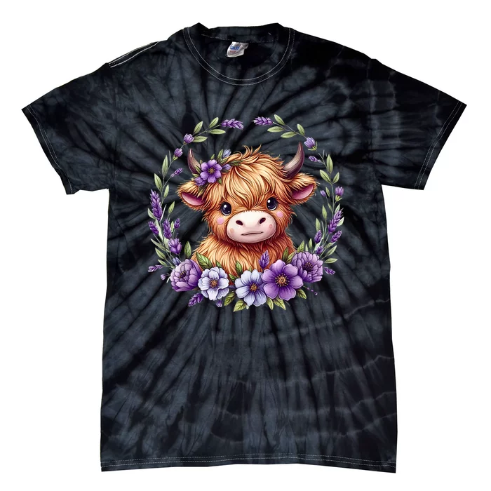 Cute Baby Highland Cow With Purple Flowers Scottish Farm Gift Tie-Dye T-Shirt