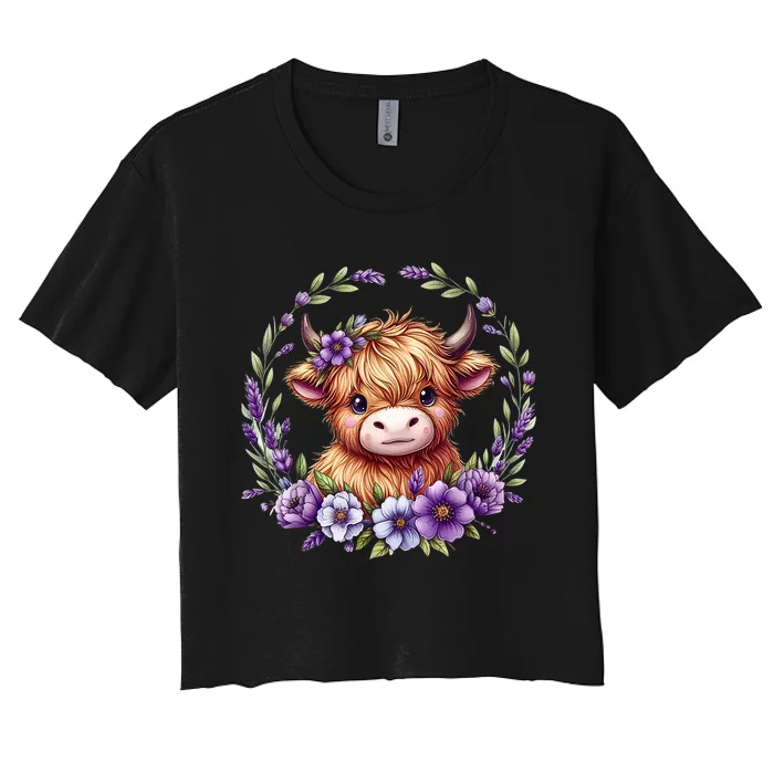 Cute Baby Highland Cow With Purple Flowers Scottish Farm Gift Women's Crop Top Tee