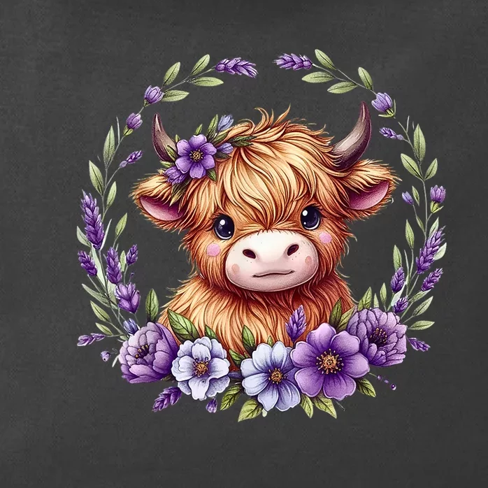 Cute Baby Highland Cow With Purple Flowers Scottish Farm Gift Zip Tote Bag