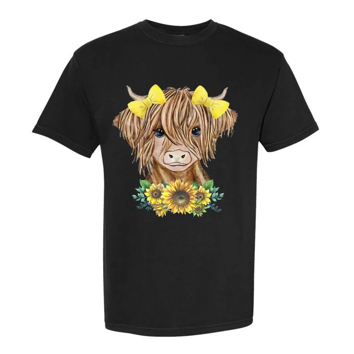 Cute Baby Highland Cow With Sunflowers Calf Animal Farm Garment-Dyed Heavyweight T-Shirt