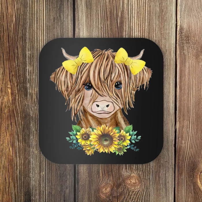 Cute Baby Highland Cow With Sunflowers Calf Animal Farm Coaster