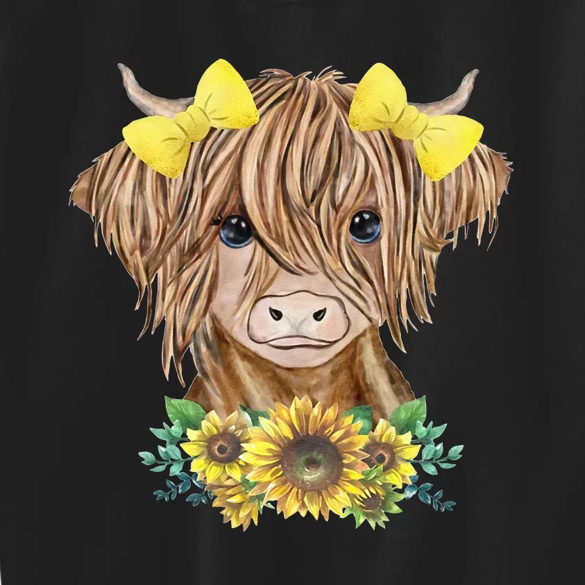 Cute Baby Highland Cow With Sunflowers Calf Animal Farm Kids Sweatshirt