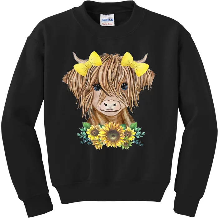 Cute Baby Highland Cow With Sunflowers Calf Animal Farm Kids Sweatshirt