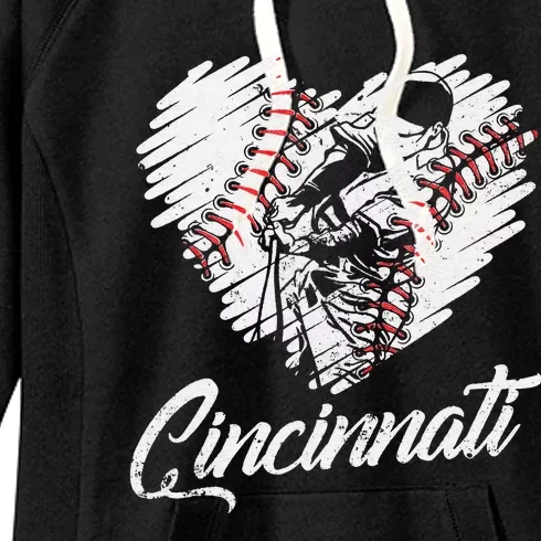 Cincinnati Baseball Heart Distressed Vintage Baseball Fans Women's Fleece Hoodie