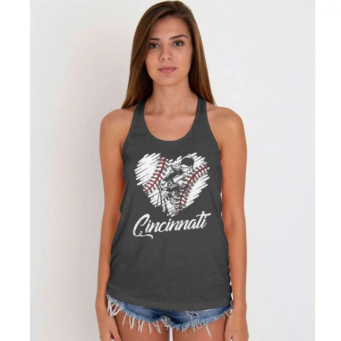 Cincinnati Baseball Heart Distressed Vintage Baseball Fans Women's Knotted Racerback Tank