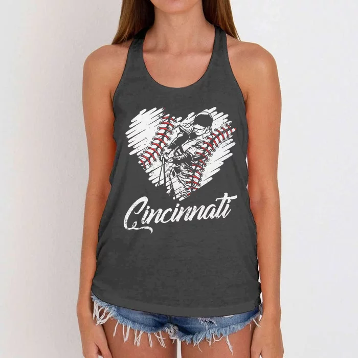 Cincinnati Baseball Heart Distressed Vintage Baseball Fans Women's Knotted Racerback Tank