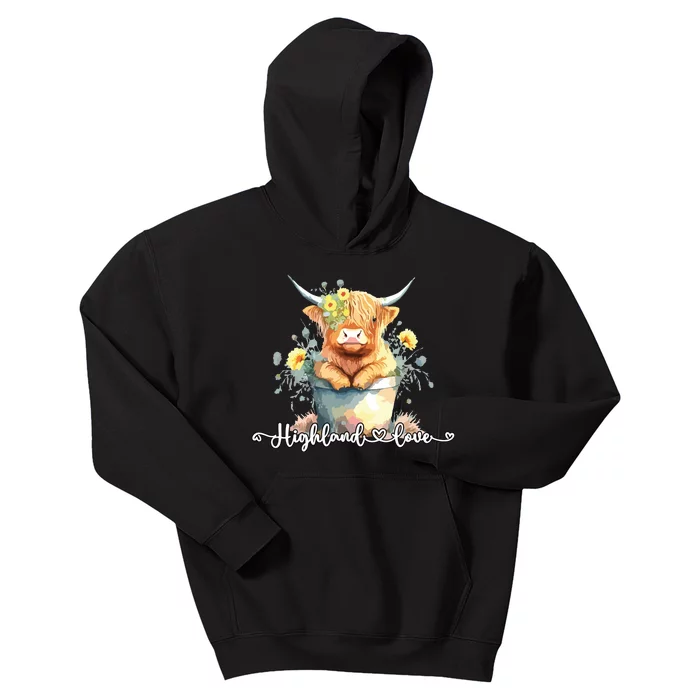 Cute Baby Highland Cow Calf Highland Love Spring Pastel Kids Hoodie