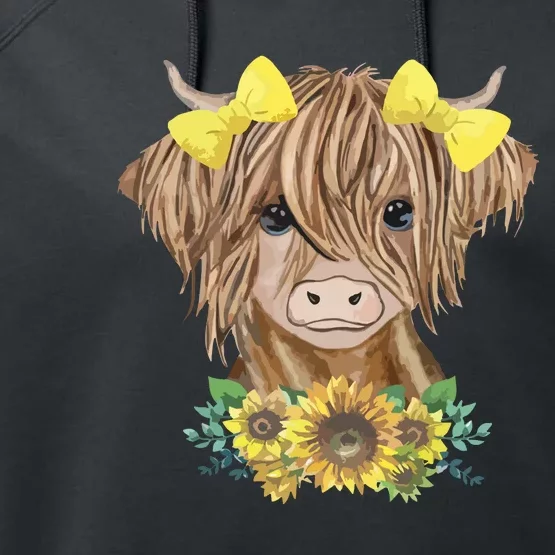 Cute Baby Highland Cow With Sunflowers Calf Animal Farm Performance Fleece Hoodie