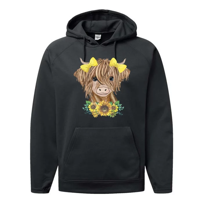 Cute Baby Highland Cow With Sunflowers Calf Animal Farm Performance Fleece Hoodie