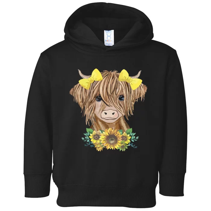 Cute Baby Highland Cow With Sunflowers Calf Animal Farm Toddler Hoodie