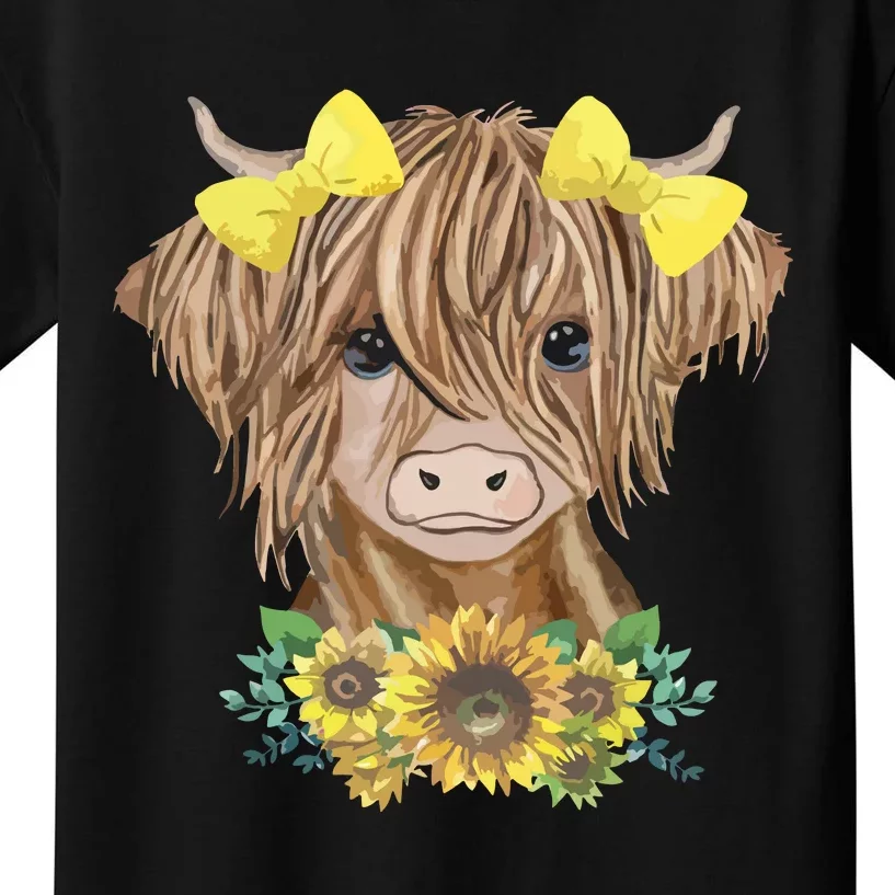 Cute Baby Highland Cow With Sunflowers Calf Animal Farm Kids T-Shirt