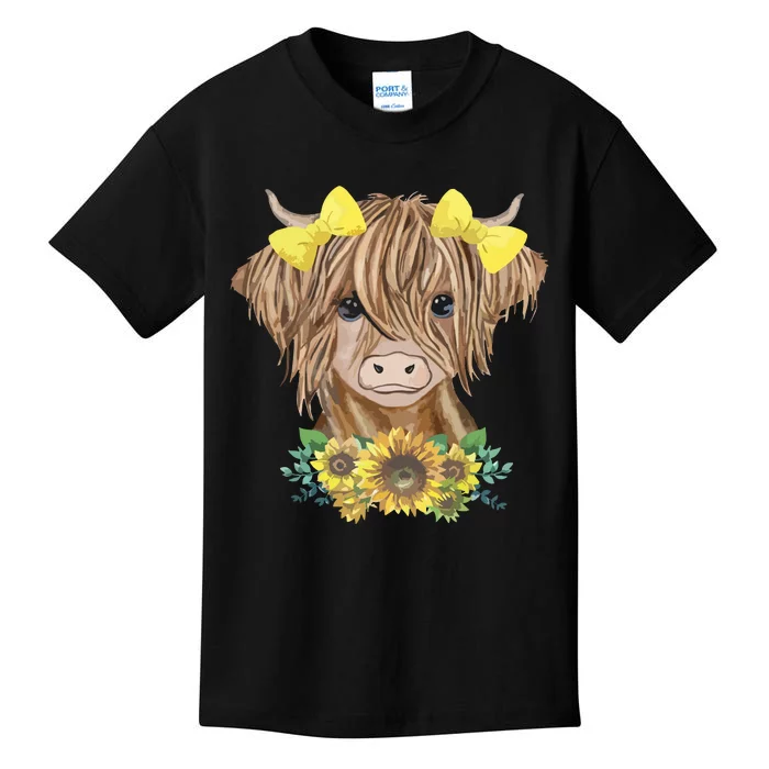 Cute Baby Highland Cow With Sunflowers Calf Animal Farm Kids T-Shirt