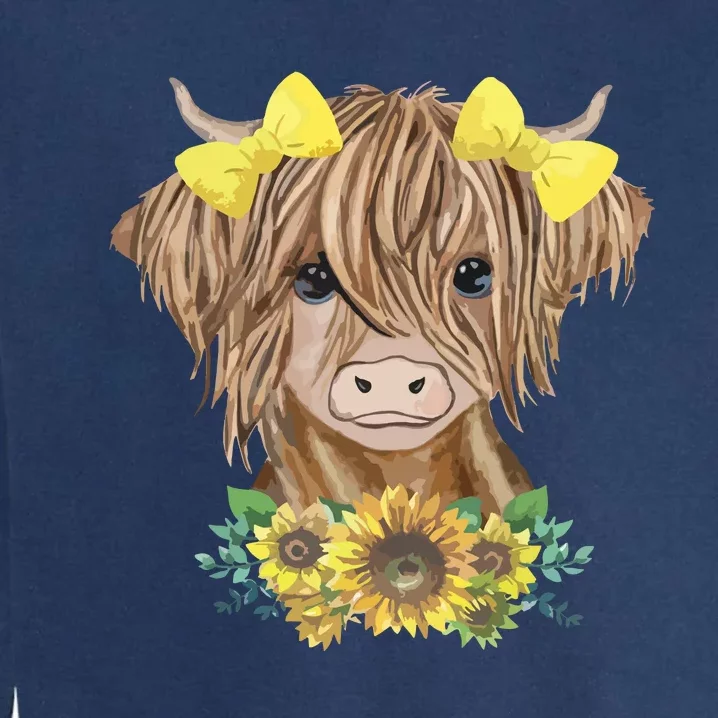 Cute Baby Highland Cow With Sunflowers Calf Animal Farm Garment-Dyed Sweatshirt