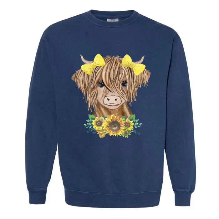 Cute Baby Highland Cow With Sunflowers Calf Animal Farm Garment-Dyed Sweatshirt