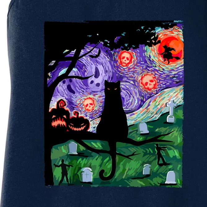 Cat Black Halloween Scary Night Cat Pumpkin Art Gift Women's Racerback Tank