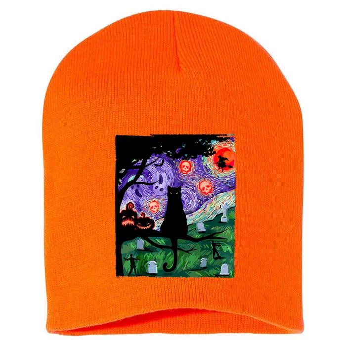 Cat Black Halloween Scary Night Cat Pumpkin Art Gift Short Acrylic Beanie