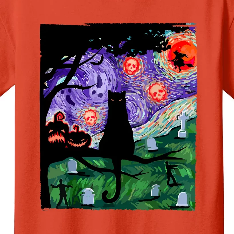 Cat Black Halloween Scary Night Cat Pumpkin Art Gift Kids T-Shirt