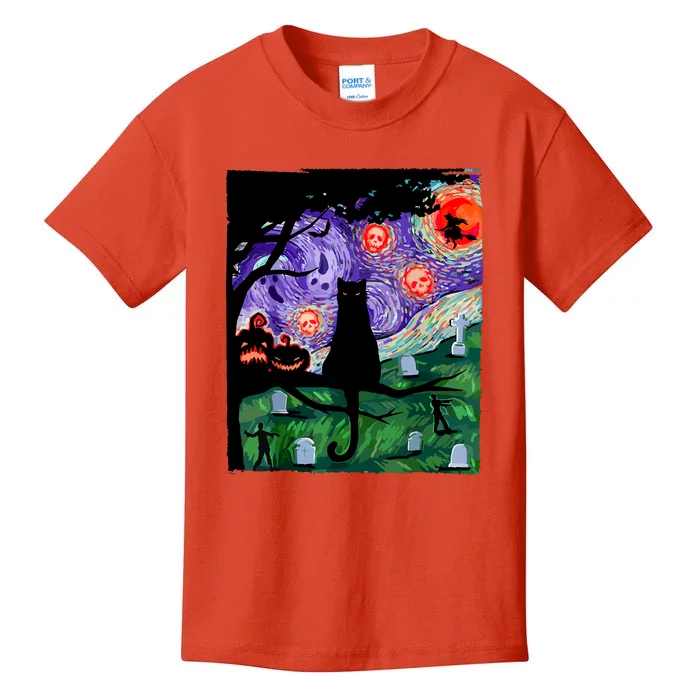 Cat Black Halloween Scary Night Cat Pumpkin Art Gift Kids T-Shirt